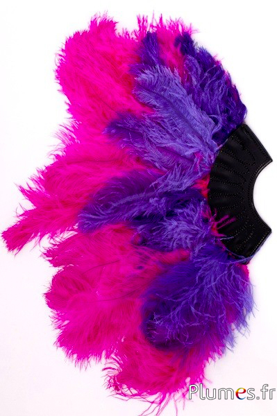 Éventail en plumes d’autruche - 20 plumes, cuir noir - fuchsia-violet